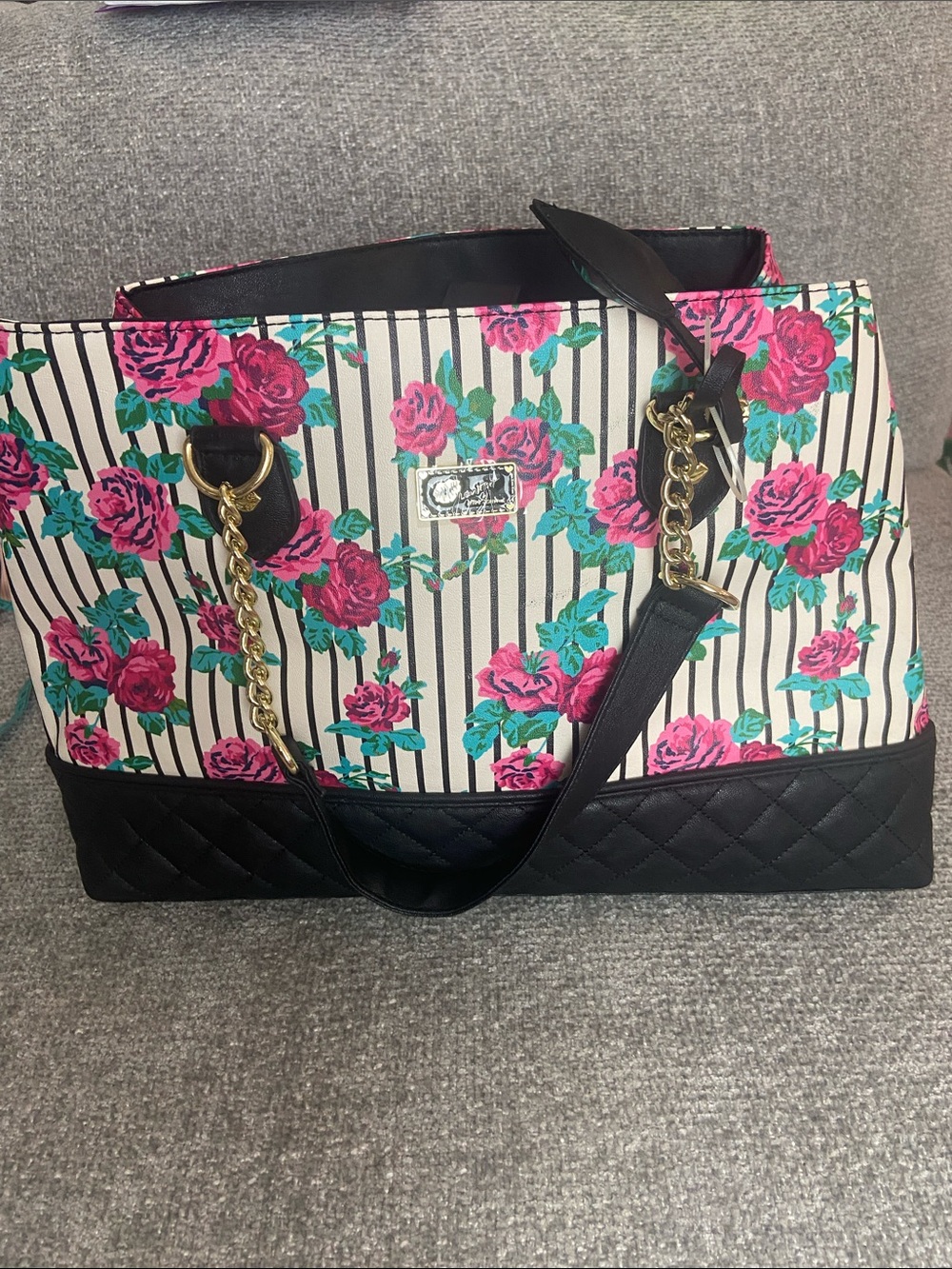 Betsey Johnson Pink Floral Stripe Tote with Quilted Black Base
